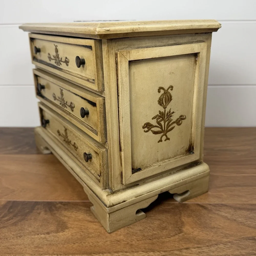 VTG Wooden Florentine Music Box Jewelry Trinket 3 Drawers MCM Japan Cottagecore